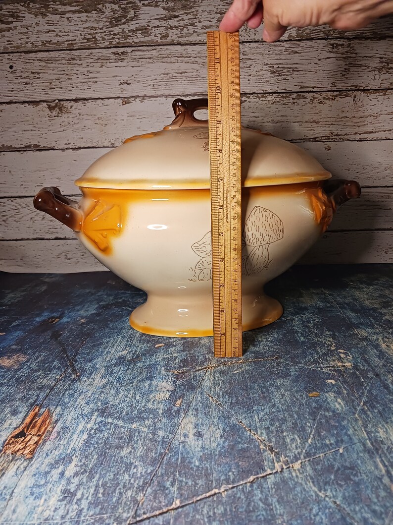 May include: A large, cream-coloured ceramic serving bowl with a lid. The bowl has a brown and yellow design with mushrooms. The bowl is 23 cm tall.