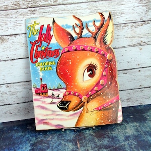 Large Saalfield Jolly Christmas coloring book--reindeer-vintage christmas ephemera-holiday display-1954