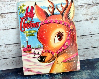 Large Saalfield Jolly Christmas coloring book--reindeer-vintage christmas ephemera-holiday display-1954