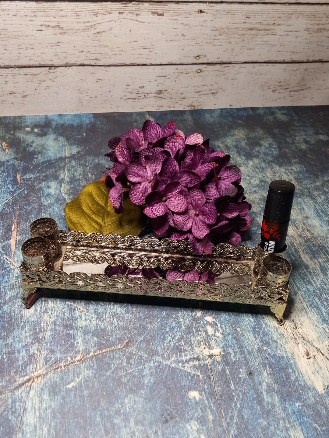Mid Century Metal Lipstick Holder With Small Mirror Vanity Tray
