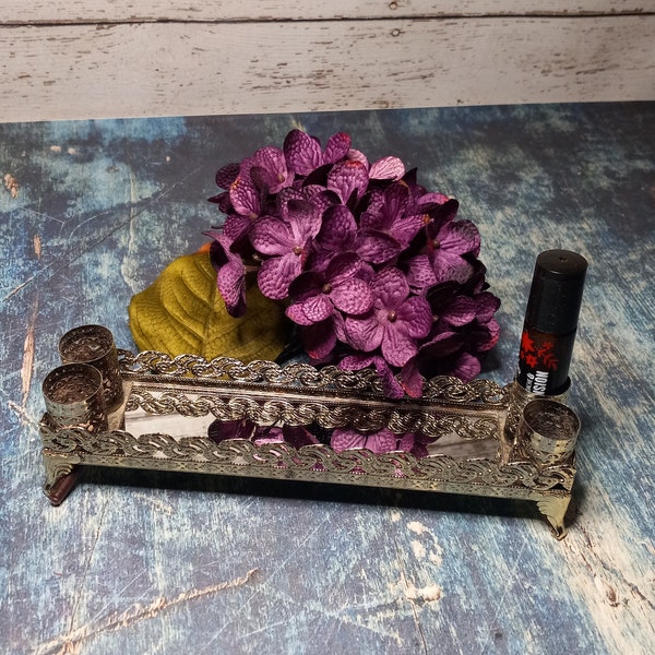 Mid century metal  lipstick holder with small mirror vanity tray-hollywood glam-dressing table decor-footed-4 lipstick slots
