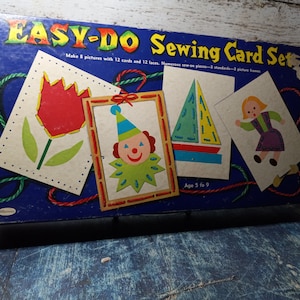 Whitman Easy Do Sewing Card set em cartões originais de amarração de caixa - brinquedo de aprendizagem de meados do século-1958