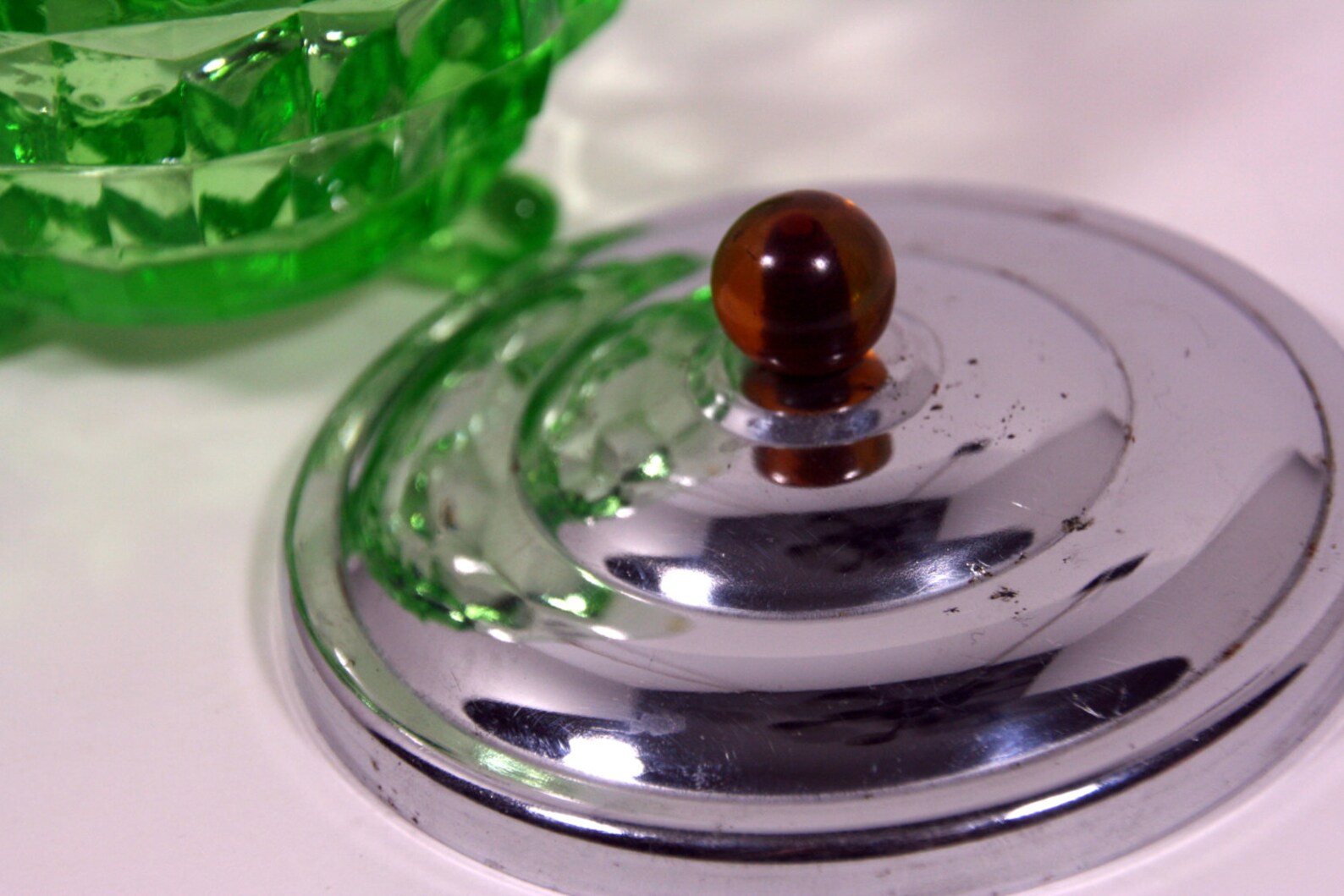 Green Glass Powder Jar With Metal Lidbakelite Etsy