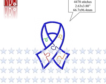 Autism Awareness Ribbon, Autism Ribbon Applique, Awareness Ribbon, Puzzle, 4x4 hoop Digital Download PES & more machine embroidery design