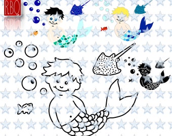 Merman Mermaid, Water boy, Mermaid with Fish and Stingray, plus Bubbles Digital Download Cut File SVG eps DXF pdf Jpeg PNG commercial use