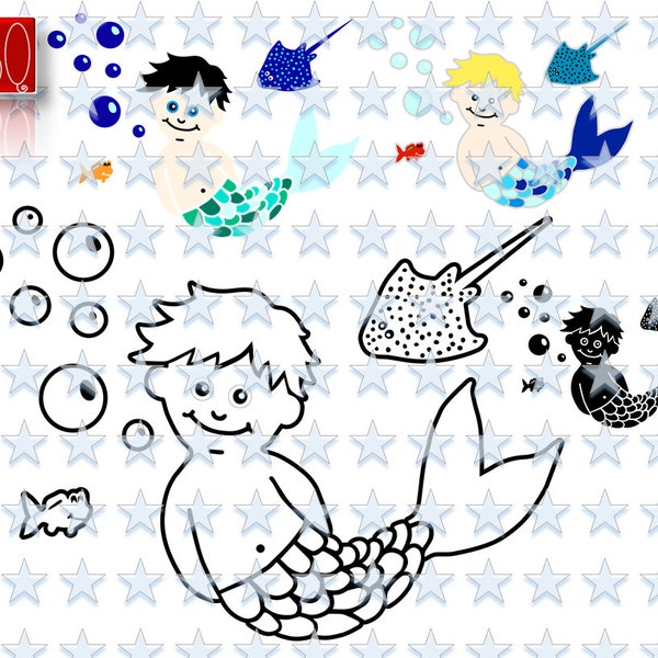 Merman Mermaid, Water boy, Mermaid with Fish and Stingray, plus Bubbles Digital Download Cut File SVG eps DXF pdf Jpeg PNG commercial use