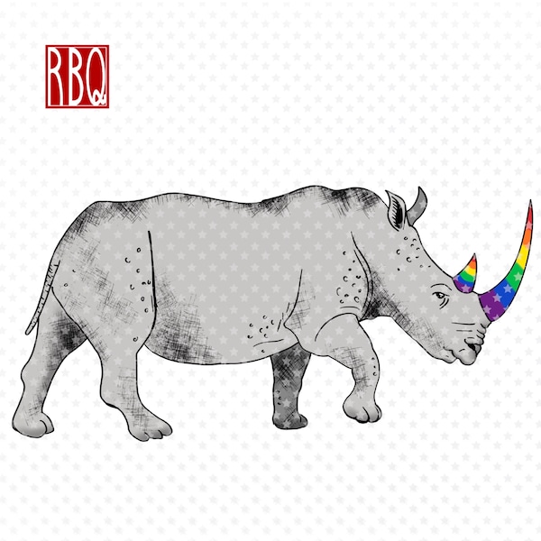 Rhino Art, Rhino Rainbow horn, Unicorn horn, Rhino walking, Rhino clip art, Rhino PNG with no background, Hand Drawn Art, Digital Download