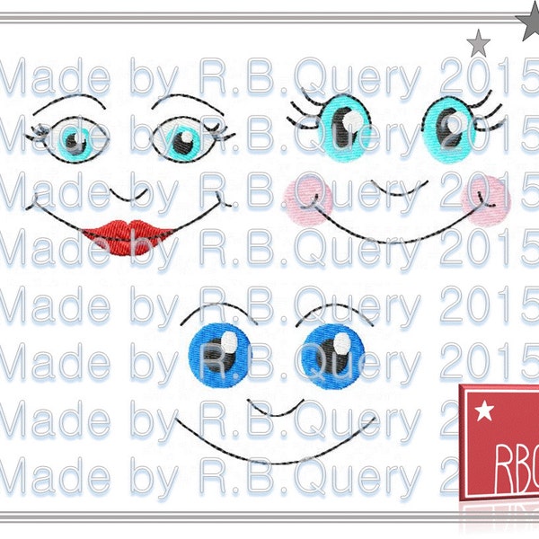 Motif de broderie visage poupée joues nez bouche lèvres sourire de marionnette poupées visages téléchargement numérique 4 x 4 - fichier zip PES plusieurs formats