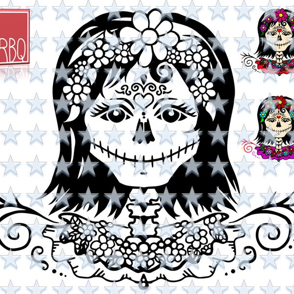 Halloween Dame Skelett Kopf mit Blumen und Dekoration fuer Tag der Toten Direkter Download SVG dxf PNG jpeg EPS Vector gewerbliche Nutzung