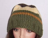 Wool Beanie, Fishermans Hat, Hand Knitted, Peruvian Highland Wool, Green, Gold, Cream, Brown, Unisex Beanie