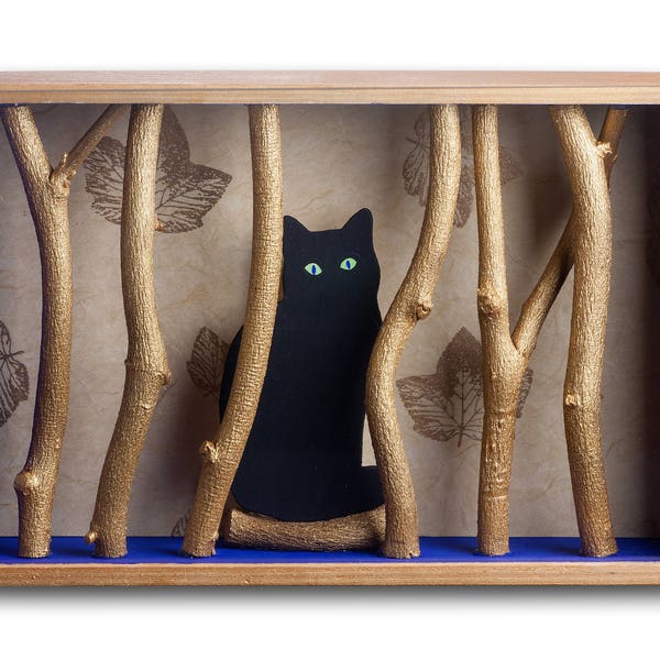 THREE-DIMENSIONAL FRAME - wall display cabinet - black cat in the golden forest - wall decoration
