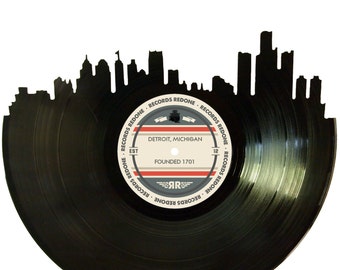 Detroit Skyline Records Redone Label Vinyl Record Art - Unique Gift - Birthday Holiday Christmas Wedding Valentine's Day