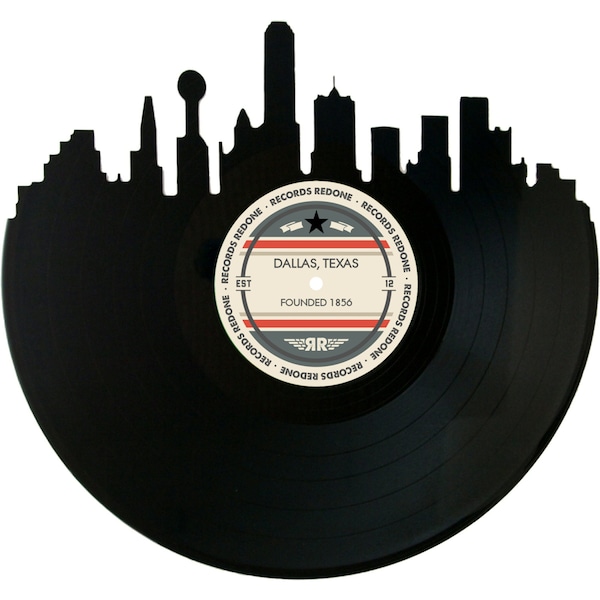 Dallas Skyline Records Redone Label Vinyl Record Wall Art - Unique Gift - Birthday Holiday Christmas Wedding Valentine's Day