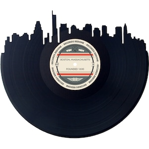 Boston Skyline Records Redone Label Vinyl Record Wall Art - Unique Gift - Birthday Holiday Christmas Wedding Valentine's Day