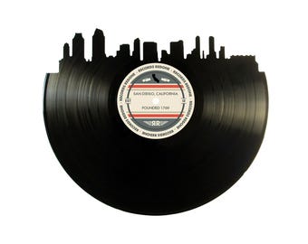 San Diego Skyline Vinyl Record Art: Unique Upcycled Wall Decor