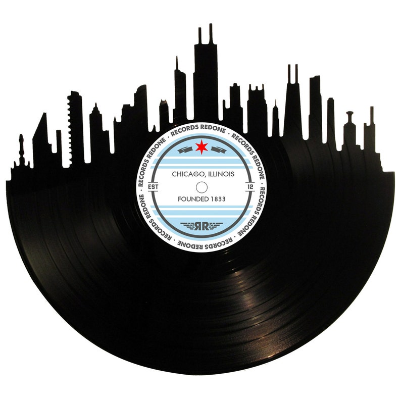 Chicago Skyline Records Redone Label Vinyl Record Wall Art Unique Gift Birthday Holiday Christmas Wedding - 