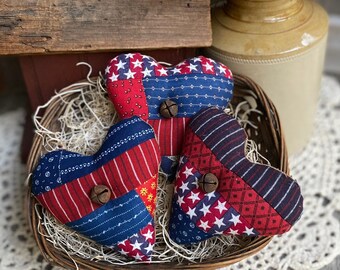 Americana Fabric Heart Bowl Filler or Ornament Country Decoration Americana Fabric Heart Bowl Filler or Ornament Country Decoration
