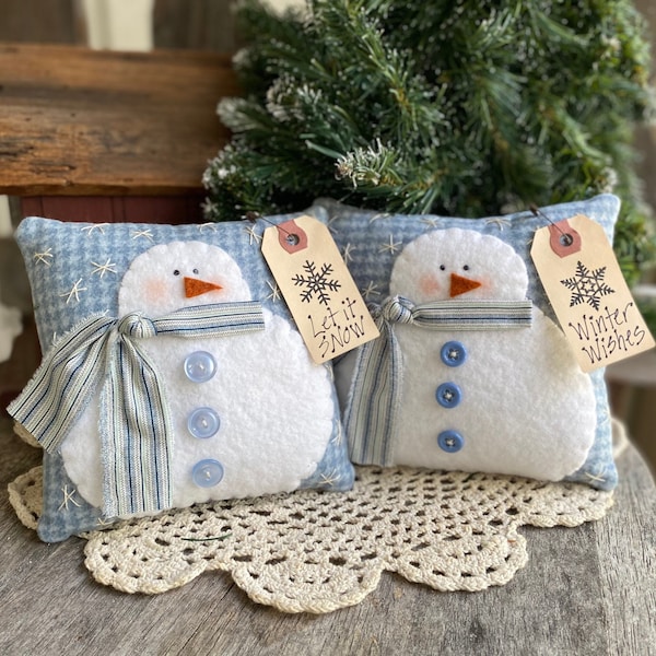 SNOWMAN PILLOW - Cozy Christmas - Primitive - Holiday Blue Flannel Bowl filler  - Winter - Country Rustic Cyndy Fahey Designs  - Handmade