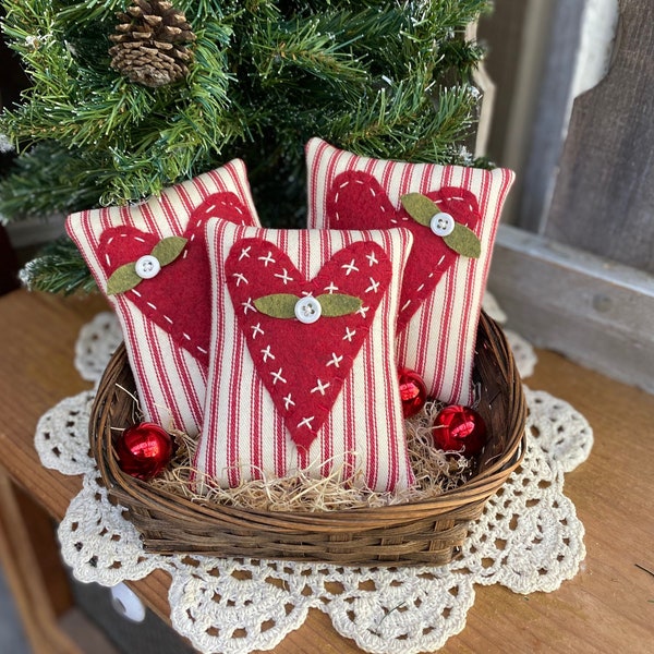 HEART PILLOWS - Set of 3 - Primitive Red Ticking Stitchery - Tiered Tray Decor - Handmade Peg Hangers - Valentine Ornament - Bowl Filler