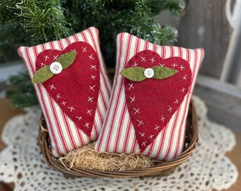 HEART PILLOW - (1) Red Ticking Stitchery - Tiered Tray Decor - Handmade Wool Felt Pillow - Valentine Ornament - Bowl Filler