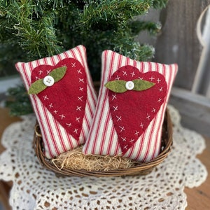 HEART PILLOW - (1) Red Ticking Stitchery - Tiered Tray Decor - Handmade Wool Felt Pillow - Valentine Ornament - Bowl Filler