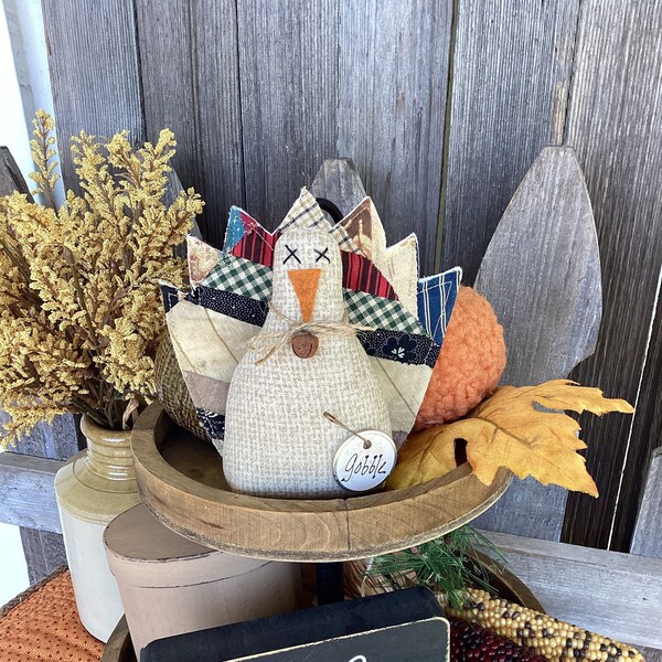 THANKSGIVING Turkey - Tiered Tray Decor - Cyndy Fahey Designs - Vintage Quilt Primitive shelf sitter - Autumn - Fall Ornaments