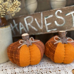 May include: Two fabric pumpkins in shades of orange and brown, each featuring a textured stem, a small twine bow, and a metal star accent. Behind the pumpkins is a weathered wooden sign with the word HARVEST painted in white letters.