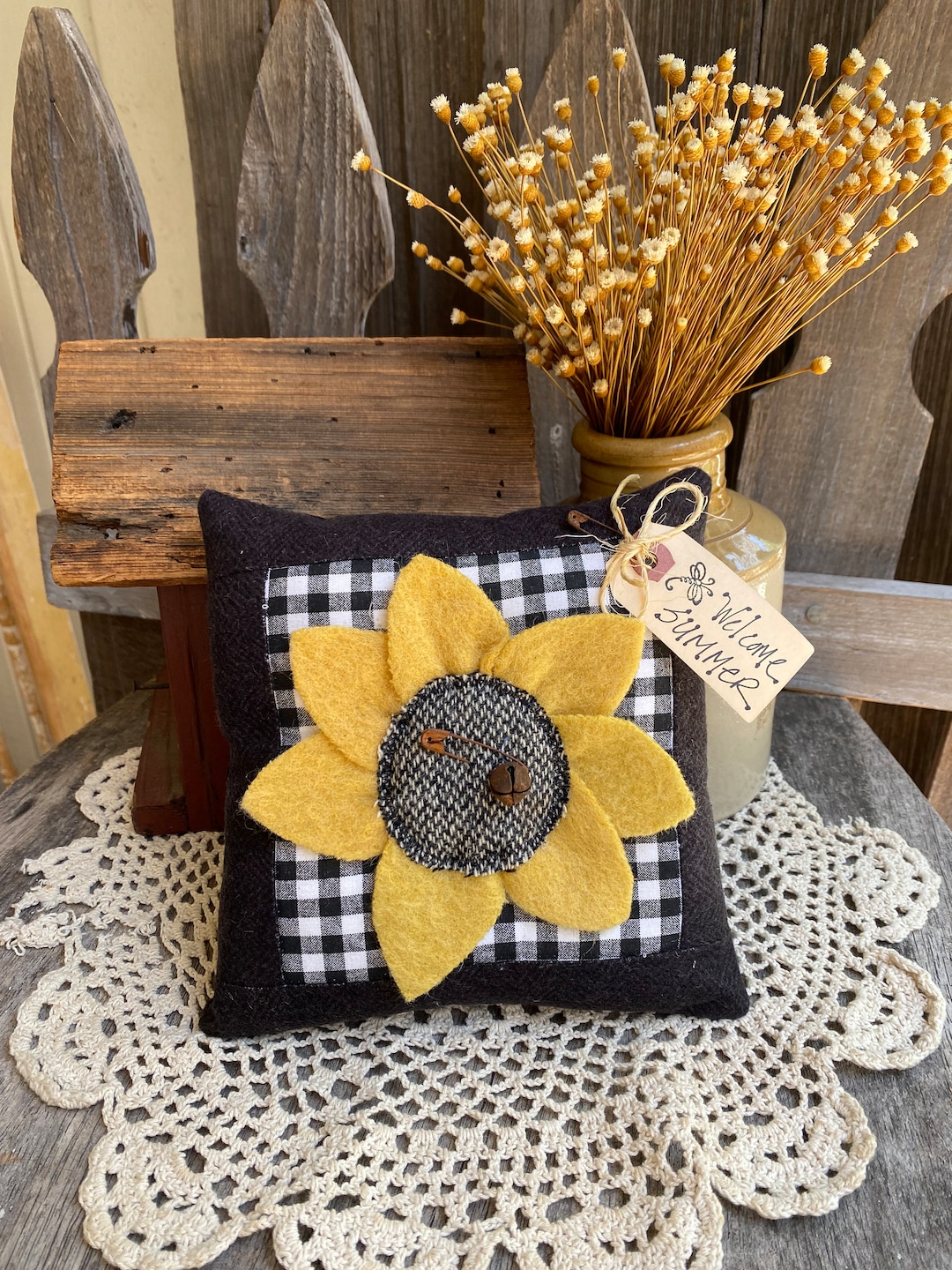 VINTAGE WOOL SUNFLOWER Pillow Shelf Decor Cyndy Fahey Etsy