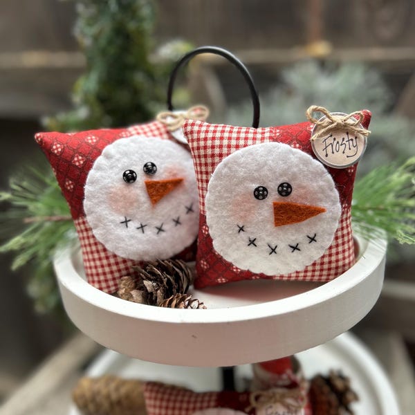 SNOWMAN ORNAMENT Frosty - 4" Square Bowl Filler -  Handmade Winter Mini Pillow