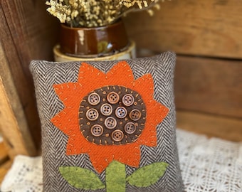SUNFLOWER Pillow - Small Pillow -  Primitive Folk Art - Handmade Country -Dough Bowl Filler - Wool Stitchery  Tiered Tray - gift