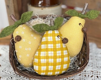 SUMMER PEAR BOWL Fillers  - Set of 3 - Tiered Tray-  Primitive Fabric Fruit -  Handmade Folk Art- Farmhouse Dough bowl - Summer Gift
