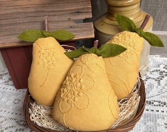SUMMER PEAR BOWL Fillers -  (set of 3) Tiered Tray-  Primitive Fabric Fruit -  Handmade Folk Art- Farmhouse Dough bowl - Summer Gift
