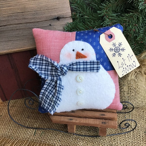 SNOWMAN PILLOW Handmade Primitive - Vintage Quilt Bowl filler  - Winter - Country Rustic Primitives by Cyn