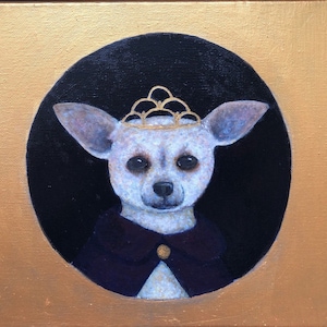 May include: A white chihuahua wearing a purple and gold crown and a black and gold collar, painted in a realistic style against a gold background.