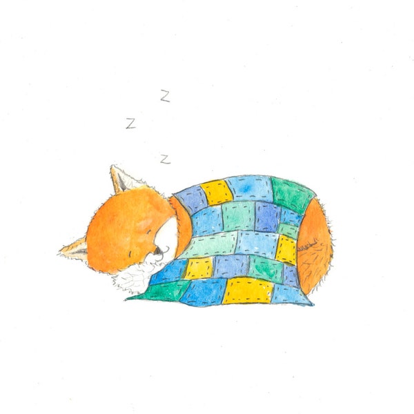 Sleeping Red Fox - Original Watercolor Painting - Kids Wall Art - Nursery Art