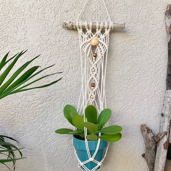 White Macrame Plant Hanger On Driftwood With Shell Wall - Wall Mounted Plant Holders White Macrame Plant Hanger On Driftwood With Shell Wall - Wall Mounted Plant Holders