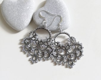 Gray tatted earrings | tatting lace | chandelier earrings | lightweight jewelry | made in italy | gift under 30 usd