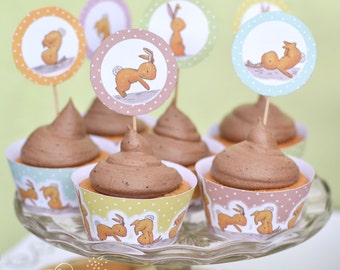 Printable Cupcake Wrappers and Toppers - Tumbling Bunnies
