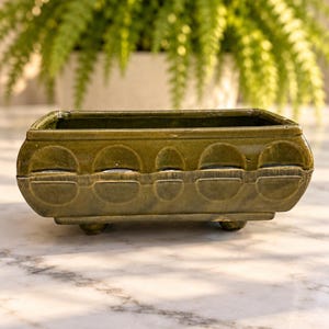Vintage 1960s Cookson Pottery Olive Green Rectangular Planter | MCM Ceramic Succulent Planter USA