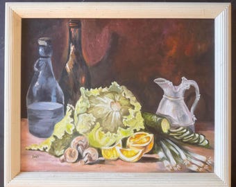 Pintura al óleo original vintage, bodegón, cocina, comida, arte, decoración de pared, escena culinaria, lienzo
