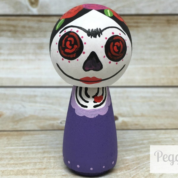 Dia De Los Muertos Peg Doll - Sugar Skull Art Figurine - Day of the Dead Doll