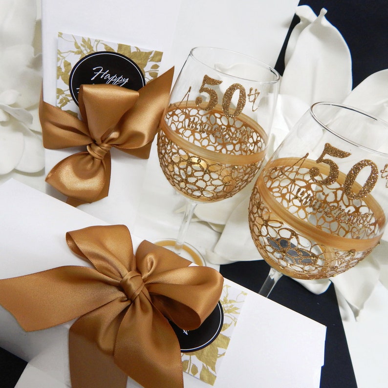 50th Anniversary Wine Glass Set Gold Lace Etsy