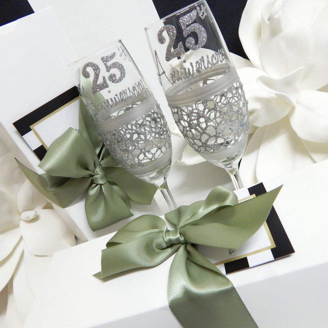 25th Wedding Anniversary Champagne or Wine Glass Gift Set Etsy