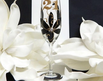Black and Gold 21st Champagne or Wine Glass