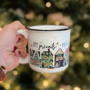 Joy Prevails Christmas Village Ceramic Camp Mug Coffee Speckled Advent God With Us Joy to the World Christian Faith Gift