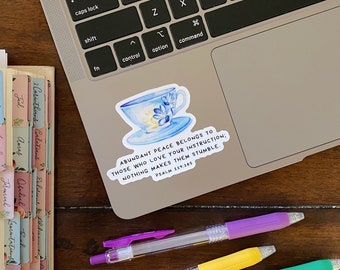 CLEARANCE Abundant Peace teacup psalm 119 Christian waterproof vinyl sticker watercolor handlettering Bible verse