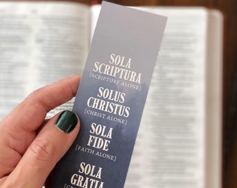 Two-Sided Five Solas Bookmark | Navy Blue Forest Design