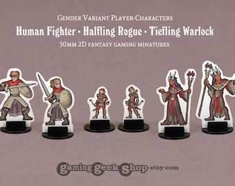 Gender-Variant Human Fighter, Halfling Rogue & Tiefling Warlock 30mm 2D Fantasy RPG Miniatures