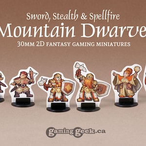 Mountain Dwarves Warrior, Spellcaster and Rogue 2D 30mm Fantasy Gaming Miniatures
