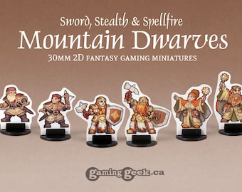 Mountain Dwarves Warrior, Spellcaster and Rogue 2D 30mm Fantasy Gaming Miniatures